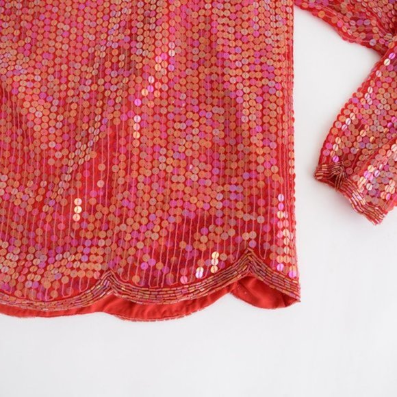 Lord &Taylor Red Sequin Long Sleeve 100% Silk Shirt with Shoulder Pads Small - Picture 6 of 10